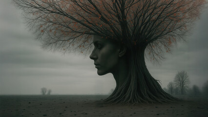 Surreal landscape image of a tree spirit in profile. Moody atmosphere. A fantasy, dream-like environment.
