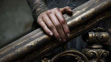 A close-up reveals a dirt-smudged hand resting on an ornate, gold-accented banister. Gothic vibe. A sense of age and mystery.