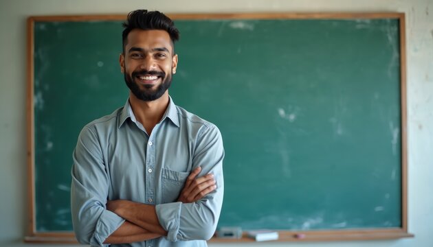 Handsome Indian teacher smiles in class. Man in casual shirt stands near blackboard. Happy smiling teacher stands with crossed arms. Teachers Day, education, school, university concepts.