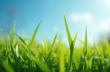 Close-up of fresh green grass blades against a clear blue sky. Natural light, vivid colors create a vibrant summer scene. Focus on nature, eco themes like lawn care, gardening, backyard landscapes.