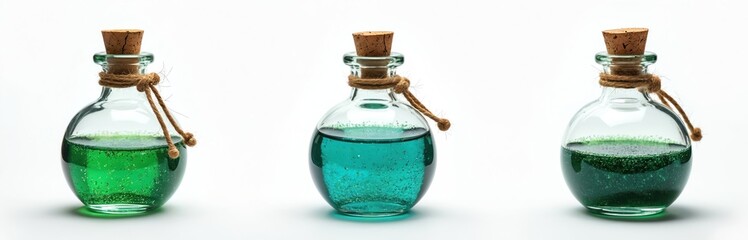 Set of magic potion bottles with glittering liquid isolated on white background. Concept of alchemy, fantasy, mystery, witchery, herbal remedy, science. Bottles with corks great for fairy tales,
