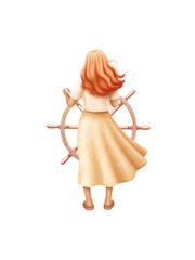 Woman holding ship's steering wheel on white background. Watercolor illustration.