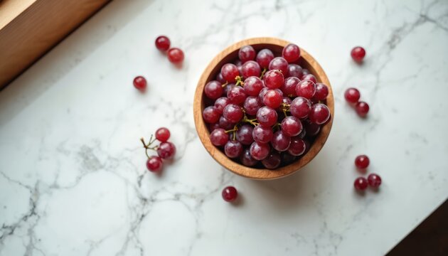 Fresh red grapes in wooden bowl on marble surface. Healthy snack, fruit bowl, top view food photo, natural light. Grapes, vine, wine, fruit, agriculture, close-up of berries, seasonal harvest.