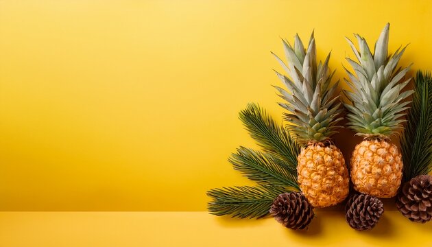 two pineapples and pine cones on a vibrant yellow background hello summer background