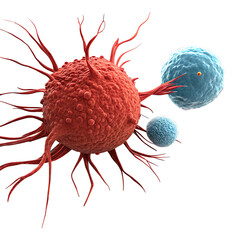 Detailed 3D Rendering of a Large, Textured Red Cancer Cell with Smaller Blue Immune Cells Against a Transparent Background