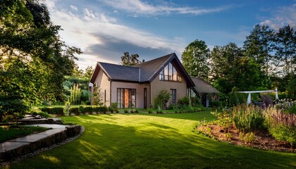Fototapeta premium a house in the middle of a lush green yard