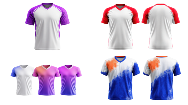 Variety of colorful sports jerseys showcasing vibrant designs and contrasting colors.