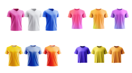 Colorful T-shirts in various styles and shades, showcasing vibrant hues and designs for casual wear.