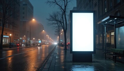 Blank billboard mockup at city street. Vertical advertising poster design in urban scenery. Empty ad space for branding, marketing campaign. Bus stop at night, buildings, transport in background.