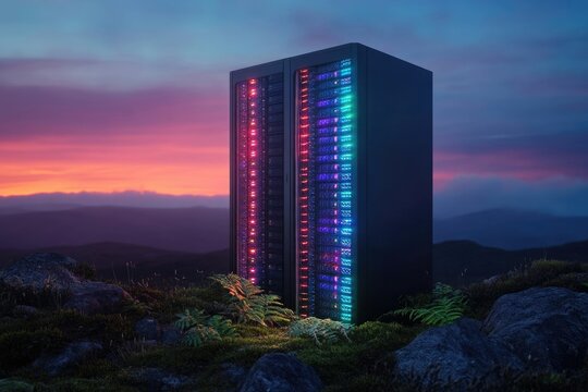 Illuminated data server stands majestically against a vibrant sunset mountain backdrop, merging technology with the natural world. - Powered by Adobe