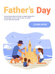 Fathers Day family beach sandcastle building playful summer scene father daughter son ocean sky birds sailboat modern website banner