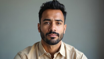 Fototapeta premium Close up serious portrait of hispanic business man. Confident male face shows expression posing looking at camera. Entrepreneur professional worker thoughtful person think decision at office.