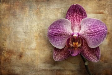 Fototapeta premium A single purple orchid blooms against a textured, rustic backdrop, highlighting its delicate beauty and graceful form.