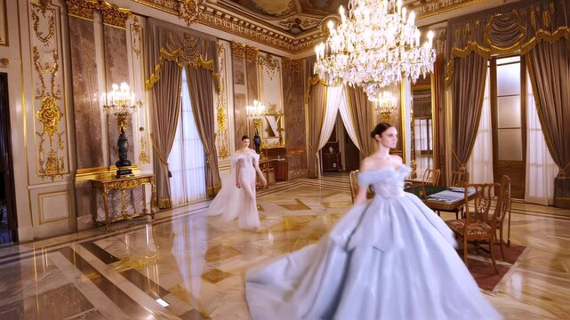 Elegant models gliding across marble palace floor, wearing luxurious designer gowns, illuminated by sparkling crystal chandeliers in soft golden light