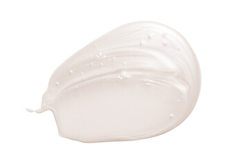 Light pink beige liquid beauty product smear of creamy luminous highlighter or luminous body lotion on white background