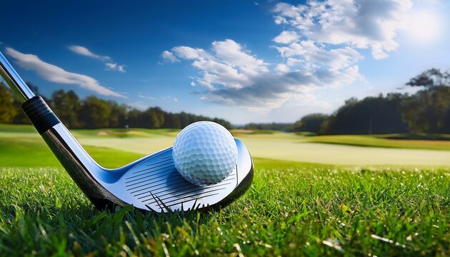 golf ball and golf club on grass golf course background blue sky with white clouds beautiful landscape captured with a professional dslr camera hyper realistic image