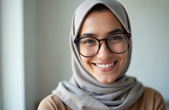 Portrait young smiling Muslim woman in glasses and hijab. Happy Arab female looks at camera. Confident girl, happy face, business or office portrait, education, corporate.