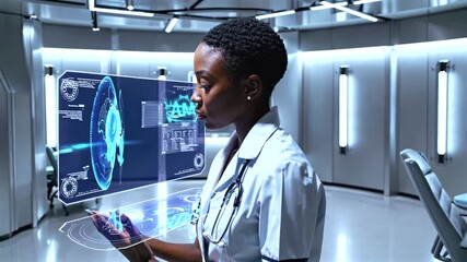 Medical professional examining digital holographic anatomical projections, showcasing cutting edge healthcare technology and advanced medical data visualization research - Powered by Adobe