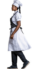 African woman chef walks, profile view, wearing uniform, cut out transparent