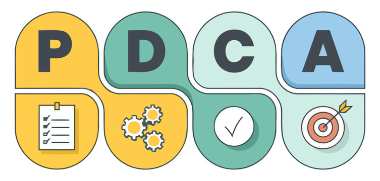 Bright PDCA cycle infographic with plan, do, check, act steps and business process icons in pastel colors