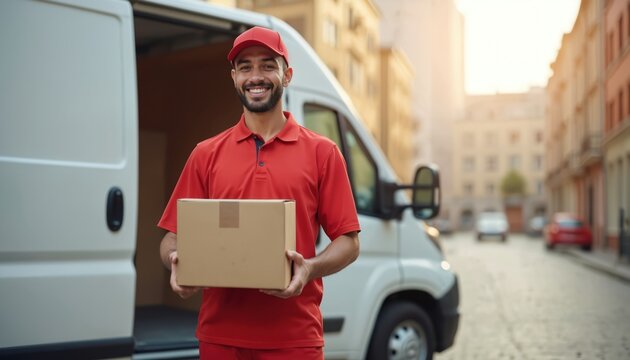 Smiling delivery man with parcel box near van on urban street. Courier delivers online orders, package, goods. Fast shipping and delivery service. Transportation, logistics, express service.
