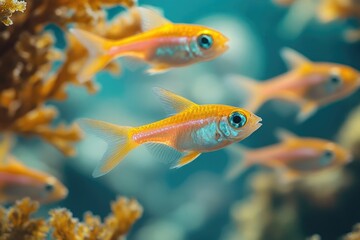 Naklejka premium A vibrant school of small, orange-colored fish swims in crystal-clear waters near a coral reef.