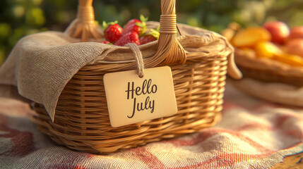 Wicker picnic basket with 'Hello July' paper tag and fresh strawberries on cloth in warm sunlight, ideal for summer events, holiday promotions and seasonal visuals