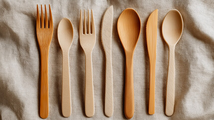 Biodegradable cutlery set with natural finish on linen cloth background, perfect for eco-friendly dining, sustainable lifestyle and zero waste branding