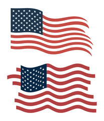 Stylized waving American flag illustration with flowing red stripes and blue star field in modern design
