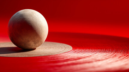 Close-up of rough-textured shot put ball on a stylized concentric red background, ideal for athletics campaigns, sports graphics, and strength training concepts