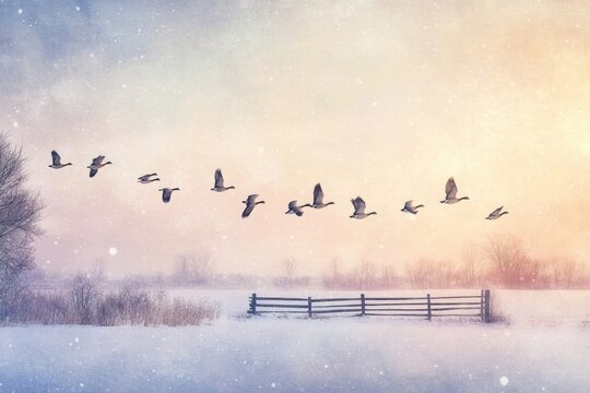 Geese fly in formation over a snowy field with a rustic fence during a pastel sunset, winter landscape. - Powered by Adobe