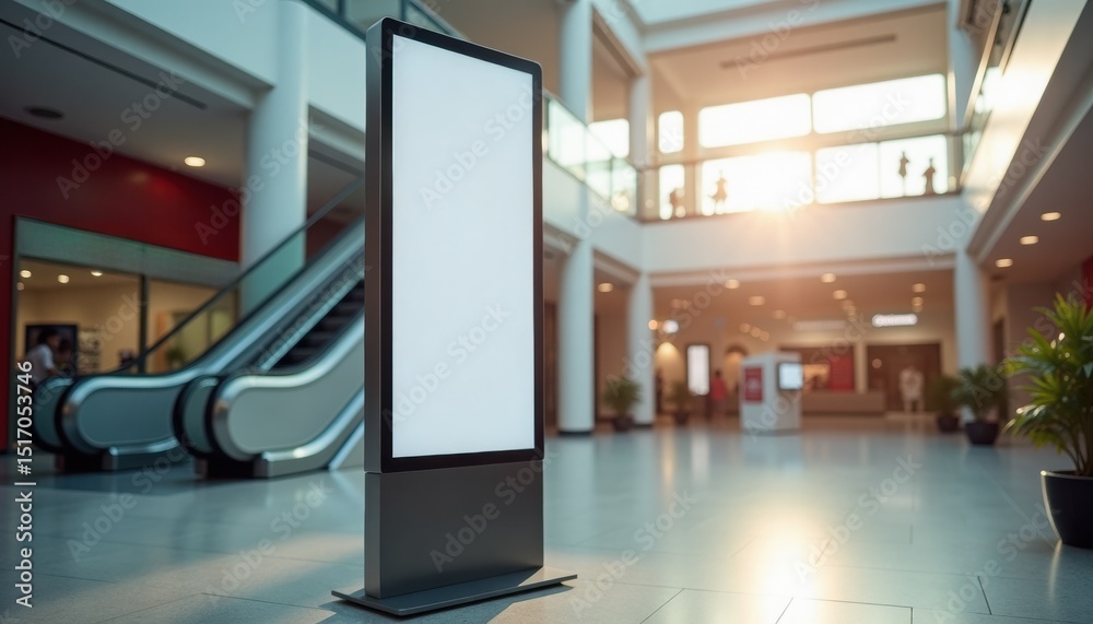 Poster digital signage display in modern shopping mall with escalator