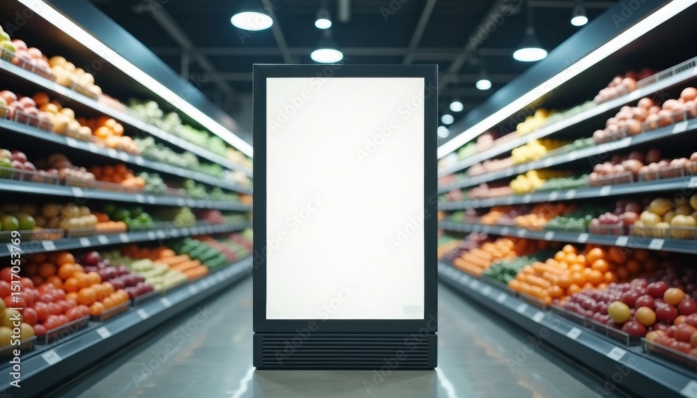 Poster empty display stand in grocery aisle with fresh fruits on shelves