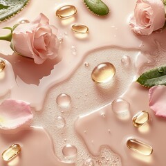 Floral Essence And Golden Capsules On A Pink Surface