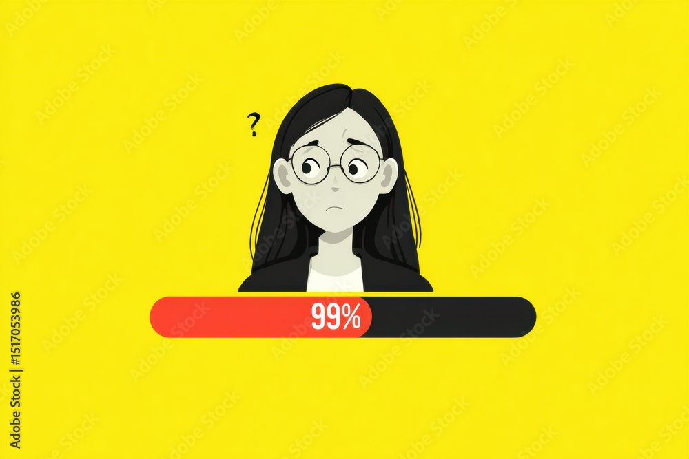Poster Loading Bar at 99 Percent With Anxious Expression and Faded Background, Illustrating Technology Frustration