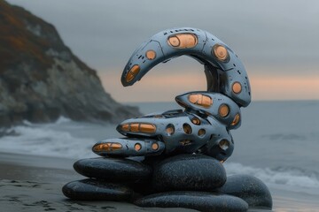 Futuristic chrome structure with orange accents nestled on wet stones at a cloudy beach, blending technology with nature.