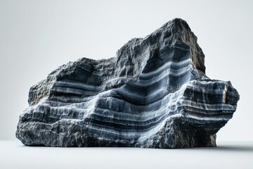 Striking dark stone formation with distinct horizontal layers of white and grey against a bright, neutral background.