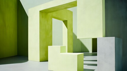 Abstract architectural scene, pale lime green and gray