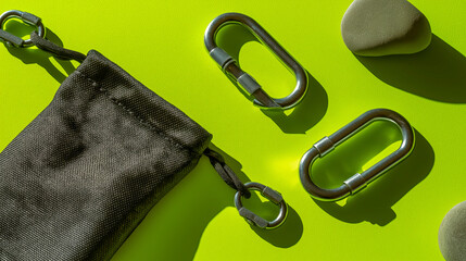 Flat lay of climbing chalk bag and metal carabiners on bright green background with hard shadows, ideal for outdoor sports, rock climbing gear, and adventure lifestyle