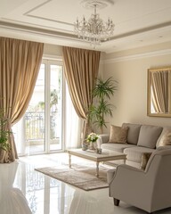 Fototapeta premium Luxurious beige living room with large windows