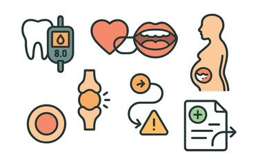 Outline with Fill vector icons of oral-systemic connection: diabetes tooth icon, heart and mouth, pregnancy gum icon, joint-pain link, general health file, inflammation circle, risk path, medical