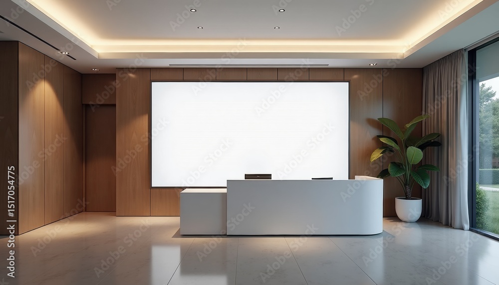 Poster Modern reception area with minimalist design and large screen   