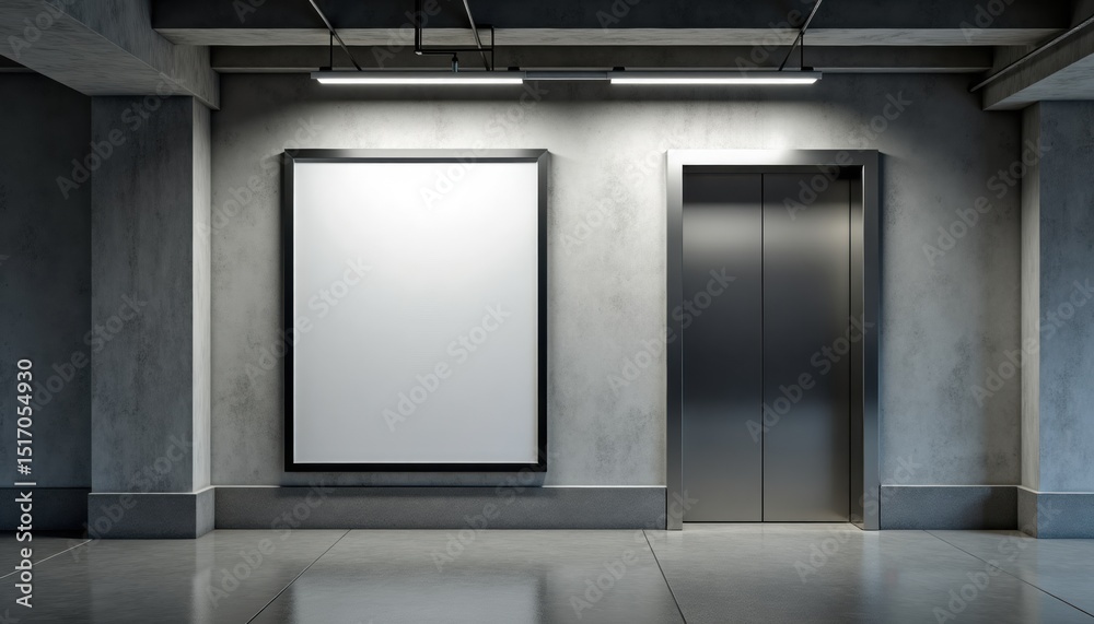 Poster modern elevator lobby with empty poster frame and concrete walls