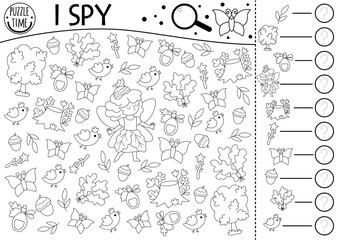 Obraz premium Fairyland black and white I spy game for kids. Searching and counting activity with acorn fairy, wand, tree, bird, potion. Fairytale printable worksheet. Fantasy coloring page, puzzle