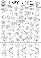 Fairyland black and white I spy game for kids. Searching and counting activity with berry fairy, strawberry, shoe, cupcake. Fairytale printable worksheet. Fantasy coloring page, puzzle