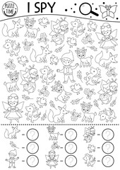 Fairyland black and white I spy game for kids. Searching and counting activity with bug fairy, elf, deer, flower, animals, dragon, bird. Fairytale printable worksheet. Fantasy coloring page, puzzle