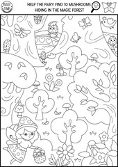 Vector fairyland black and white searching game with enchanted forest landscape, fairy, basket. Spot hidden mushroom. Fairytale seek and find educational printable activity, coloring page for kids