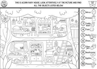 Vector fairyland black and white searching game with fairy tree house landscape. Magic fairytale seek and find and counting educational printable activity, coloring page with cozy home interior