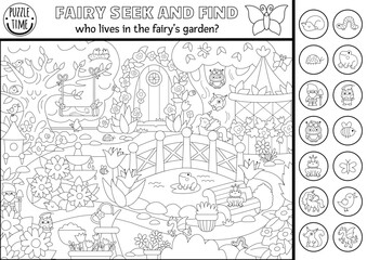 Fairyland vector black and white searching game with enchanted garden landscape. Spot hidden animal. Fairytale seek and find printable activity, coloring page with flower fairy on swing