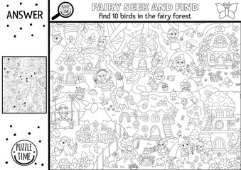 Vector fairyland black and white searching game with enchanted forest landscape, house, fairy, garden. Spot hidden birds coloring page. Fairytale seek and find educational printable activity